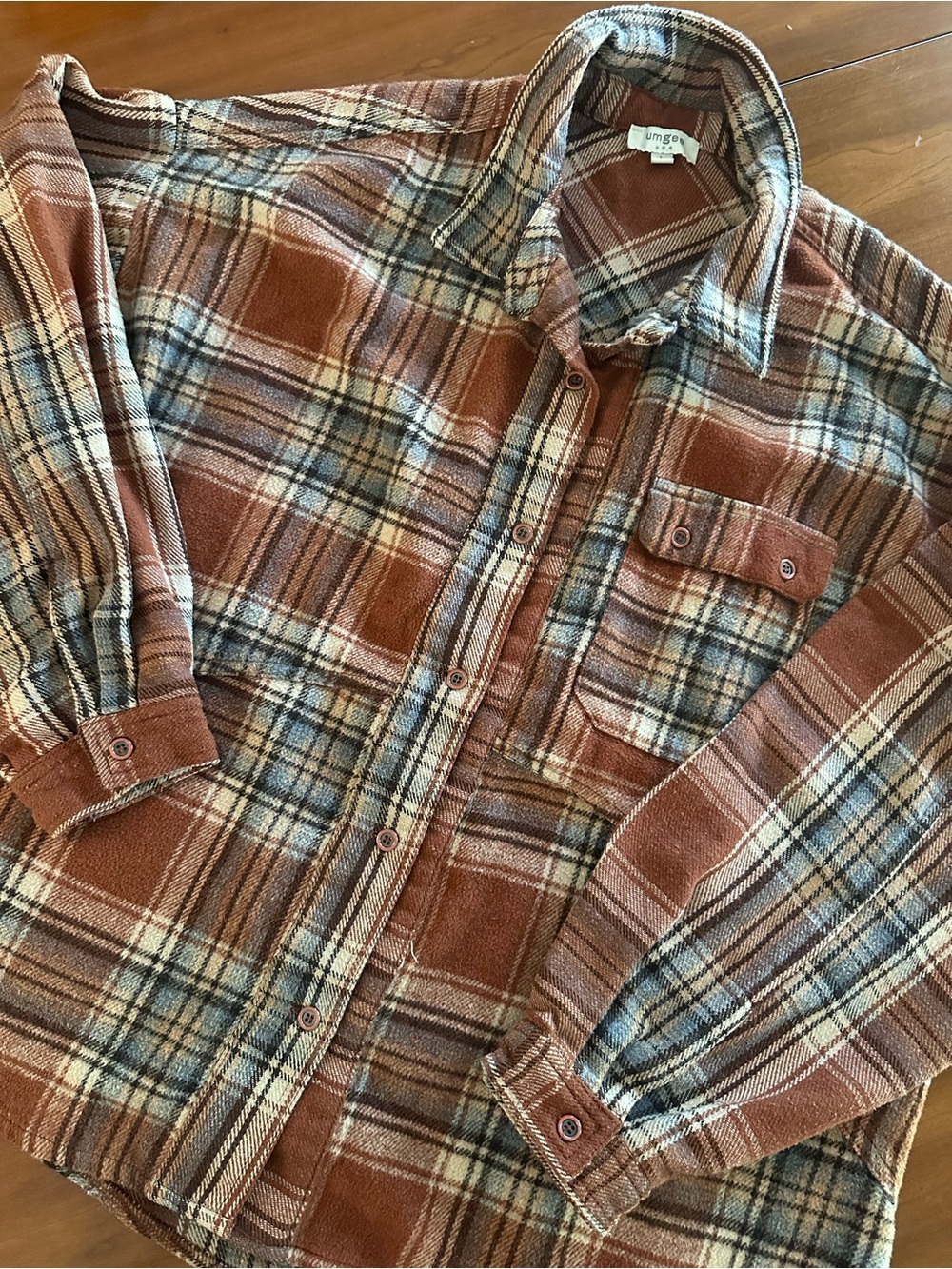 Umgee USA Plaid Oversized Flannel Shacket Shirt Women’s L Rust Brown Blue